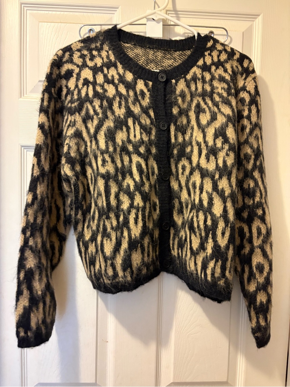 Leopard Print Button-Front Sweater Cardigan - Black & Cream